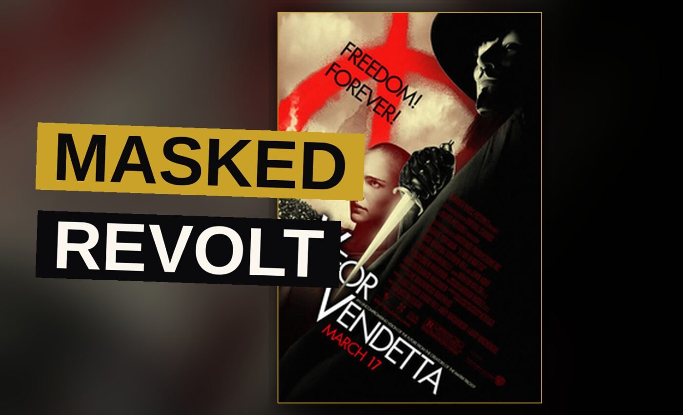 A masked figure surveys a burning parliament at night, a symbol of rebellion.