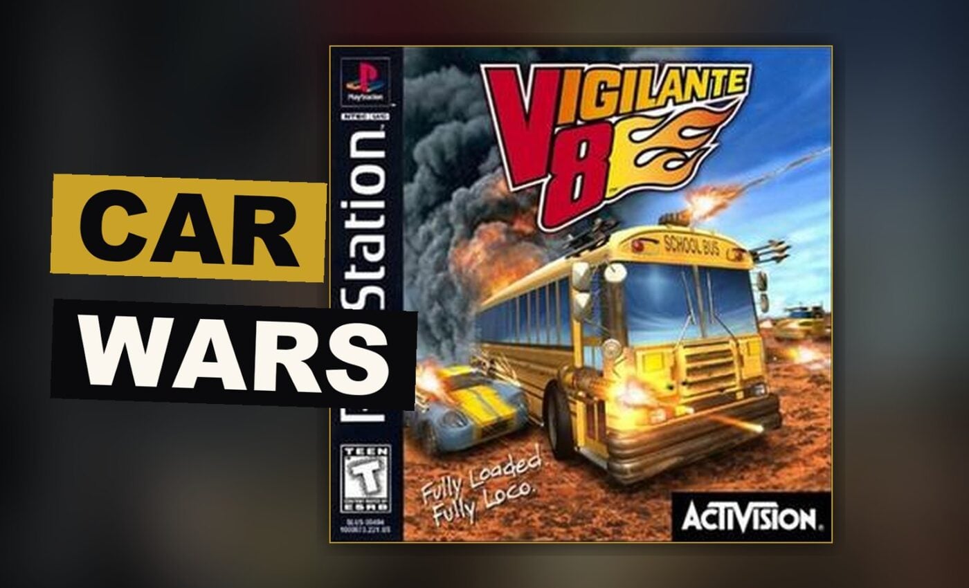 An armed car fires a rocket at a rival vehicle within a desert battle arena.