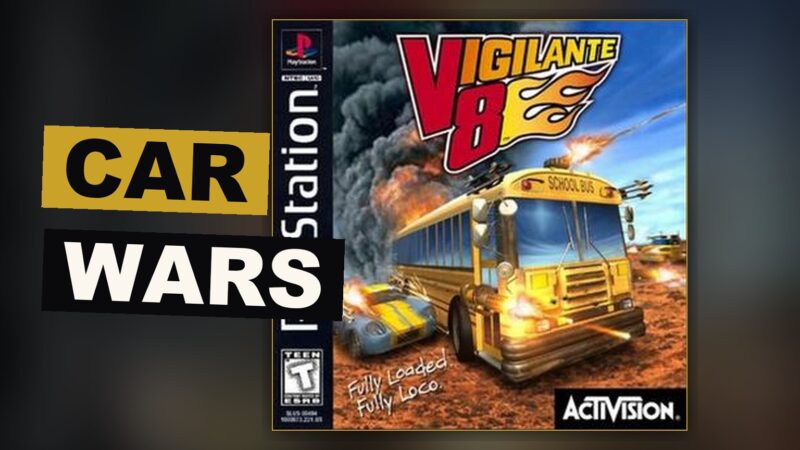 An armed car fires a rocket at a rival vehicle within a desert battle arena.