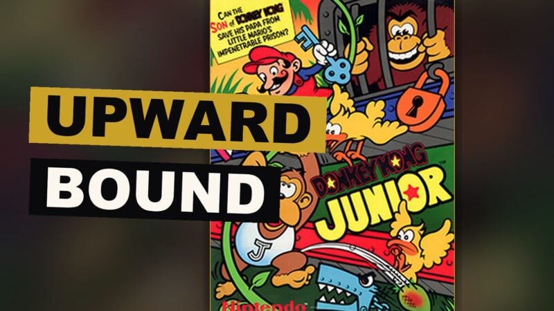 Donkey Kong Jr. holds fast to a cord, working his way upward past platforms and dangers toward his father.
