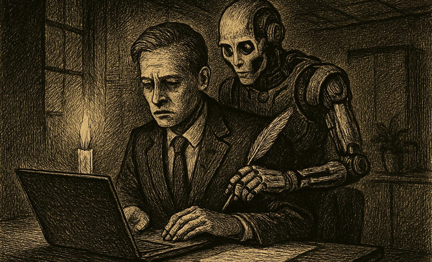 A figure sits before a glowing screen while a mechanical hand composes words upon it, unseen by the many who yet perceive the trick.