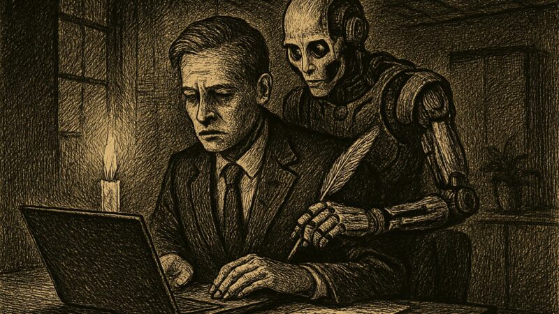 A figure sits before a glowing screen while a mechanical hand composes words upon it, unseen by the many who yet perceive the trick.
