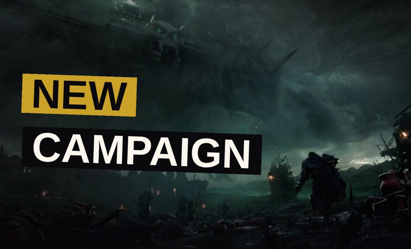 A pale queen rides amid the ruins while a cloaked king leads his undead host across a desolate field.