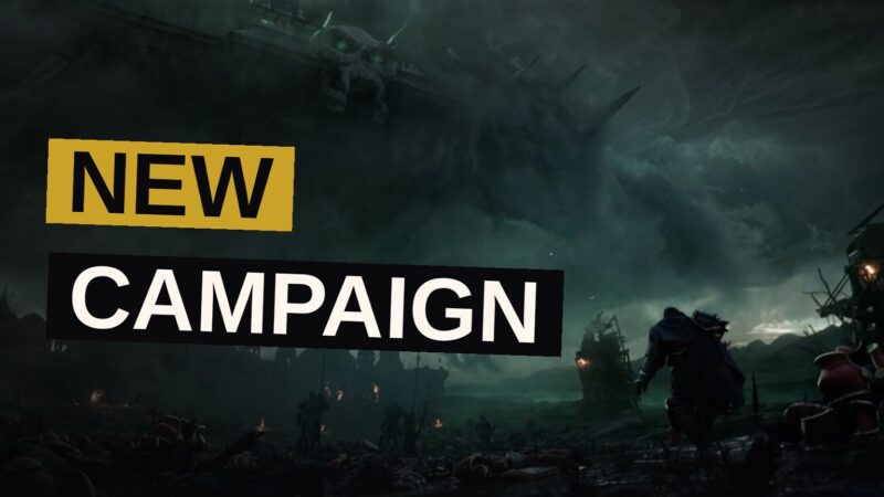 A pale queen rides amid the ruins while a cloaked king leads his undead host across a desolate field.