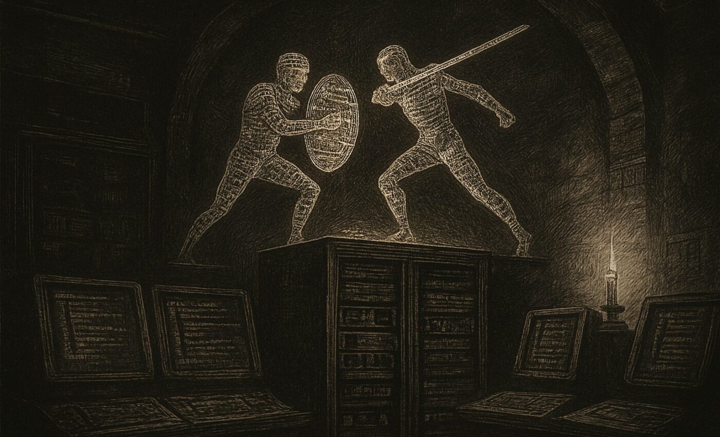 A shadowy chamber wherein two ghostly figures of code, one guarding, one striking, contend above a glowing array of machines.