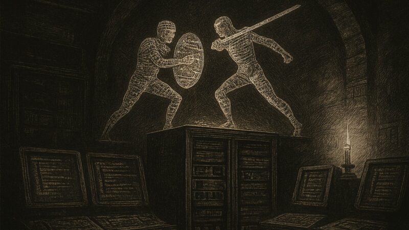 A shadowy chamber wherein two ghostly figures of code, one guarding, one striking, contend above a glowing array of machines.