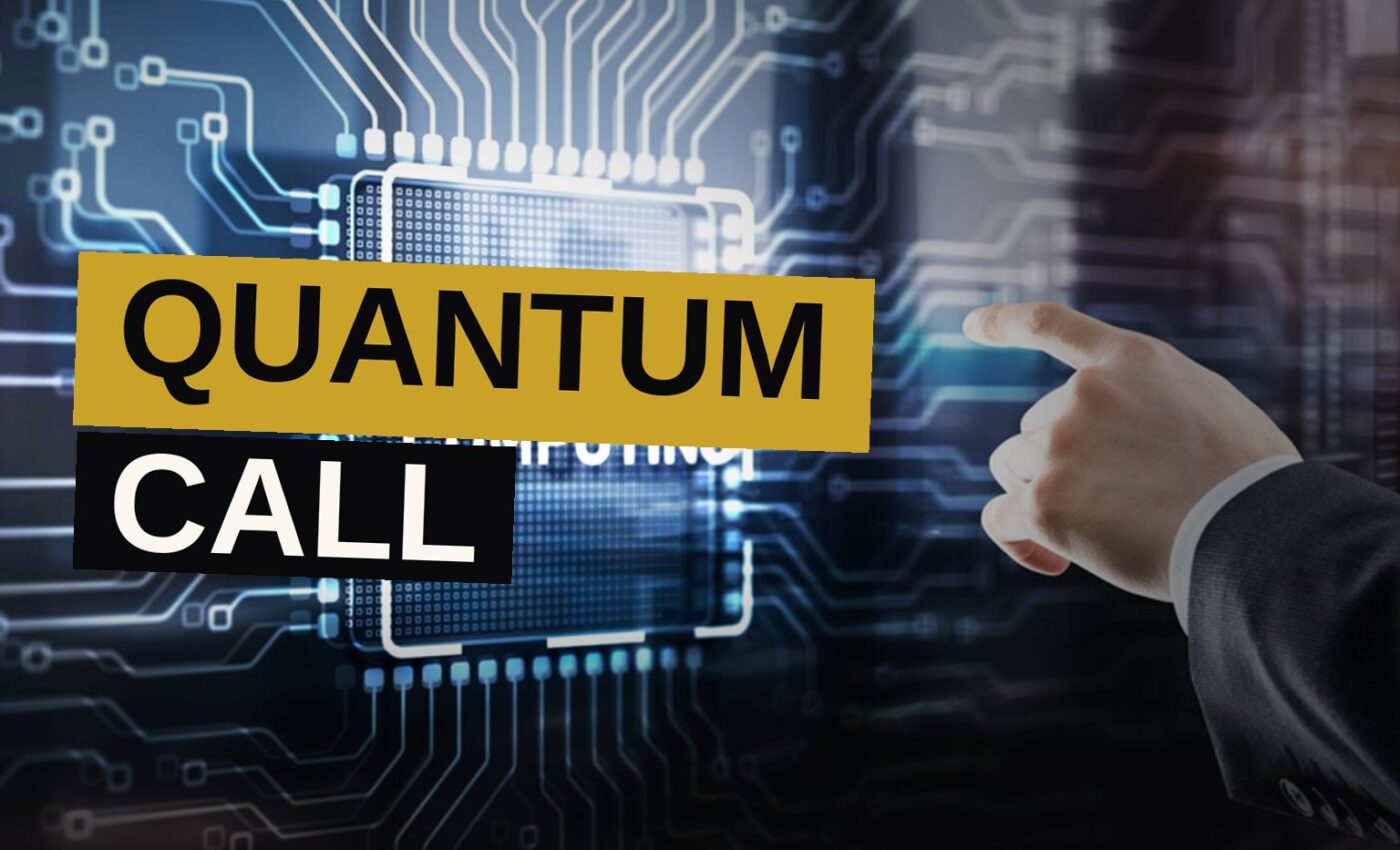 A futuristic quantum computer with glowing blue components and holographic displays in a high-tech laboratory.