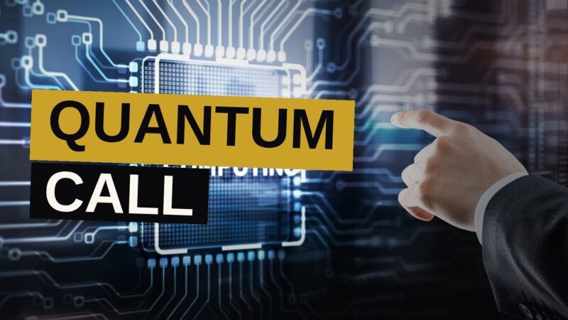 A futuristic quantum computer with glowing blue components and holographic displays in a high-tech laboratory.