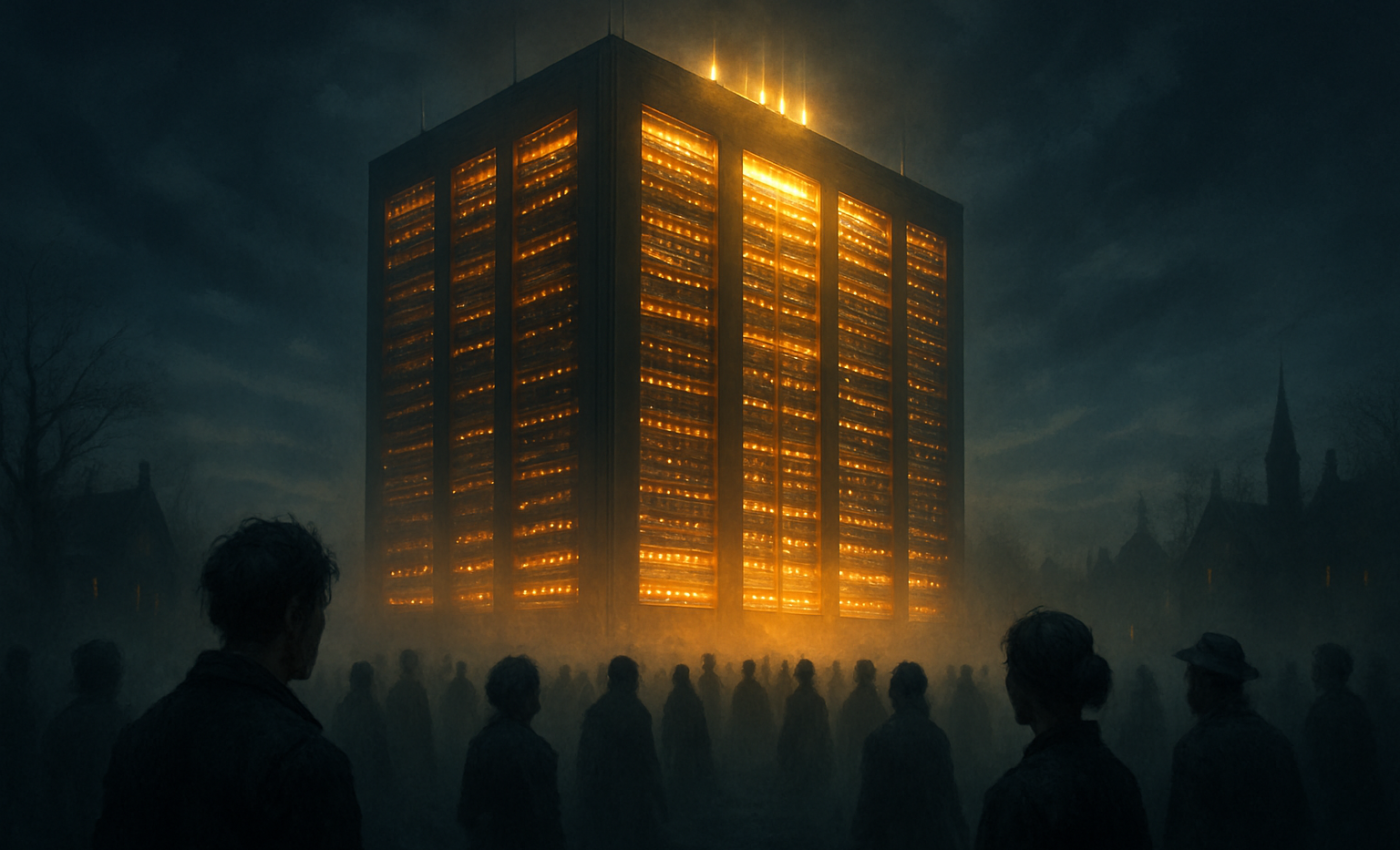A vast and humming edifice rises in shadow while a great many uneasy souls gather beneath a darkened sky.