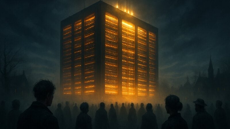 A vast and humming edifice rises in shadow while a great many uneasy souls gather beneath a darkened sky.