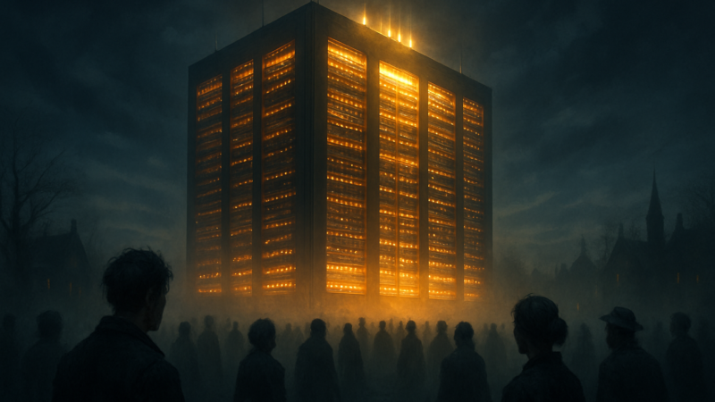A vast and humming edifice rises in shadow while a great many uneasy souls gather beneath a darkened sky.