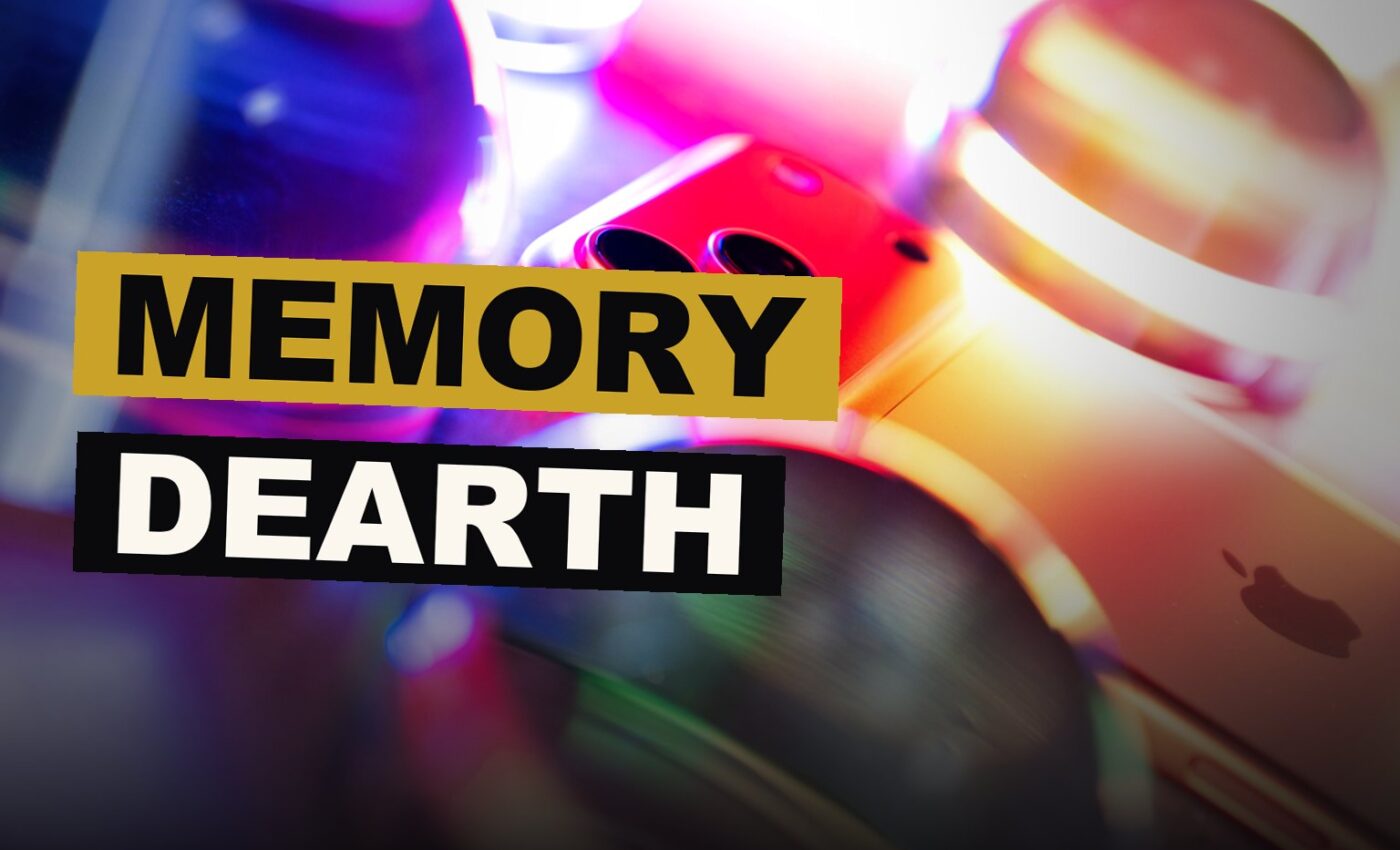 An iPhone rests amid a swirl of glowing memory pieces, a token of the dearth now pressing upon its price.