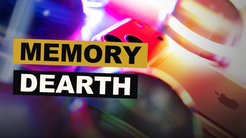 An iPhone rests amid a swirl of glowing memory pieces, a token of the dearth now pressing upon its price.