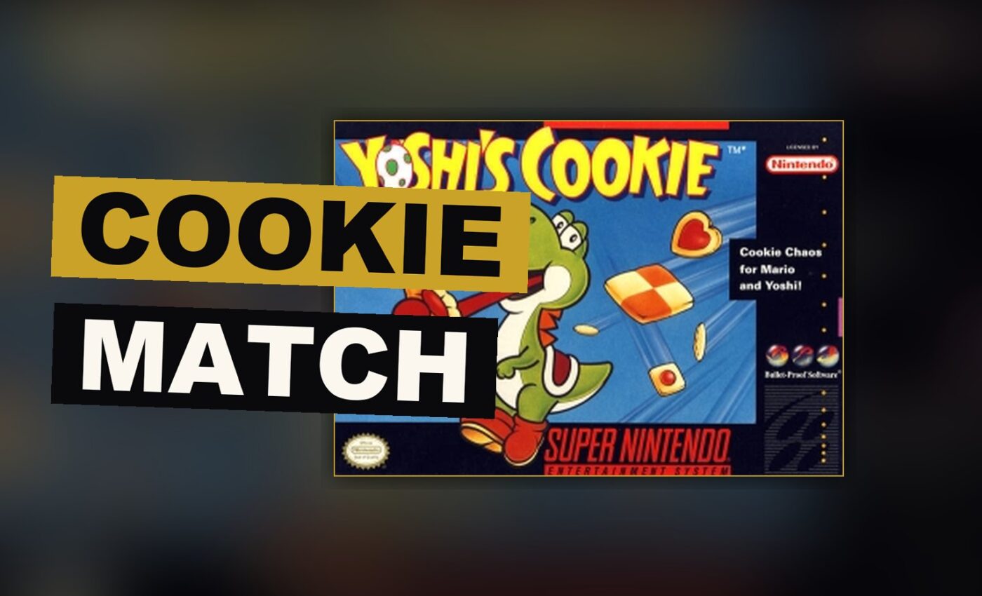 A bright board of matching cookies arranged in rows and columns, with familiar figures looking on.