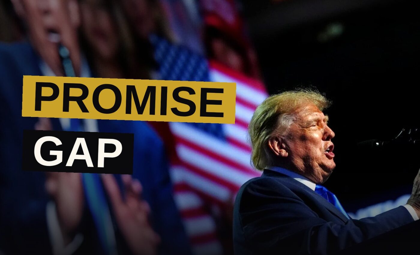 A hand holds a torn and faded $5,000 check against a blurred American flag background, suggesting a broken promise.