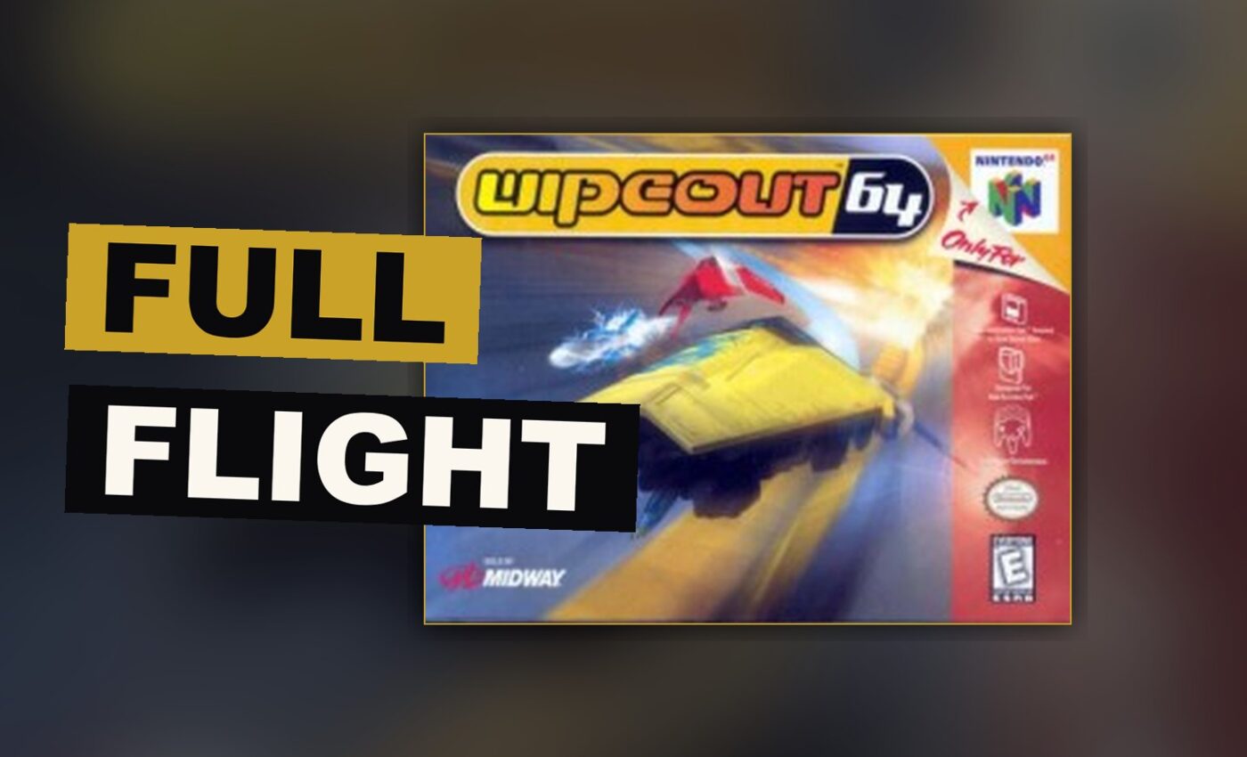 A ship flies above a bending track, light following behind it as it nears a narrow turn.