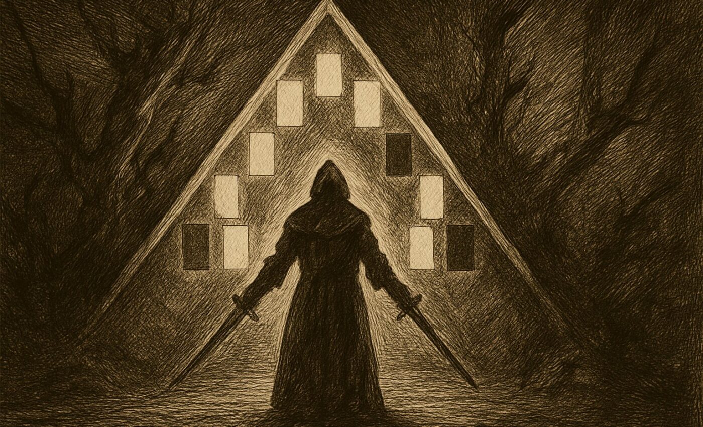 A grand gate stands ajar, ten luminous openings granted passage while two remain shut in shadow.