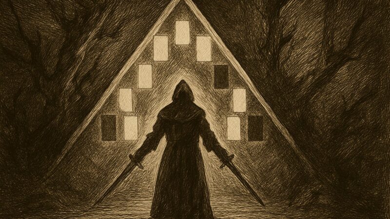 A grand gate stands ajar, ten luminous openings granted passage while two remain shut in shadow.
