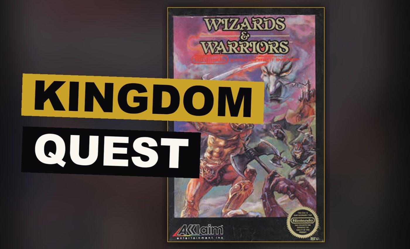 A knight springs across a stone path with a wizard's keep rising beyond the distant woodland.
