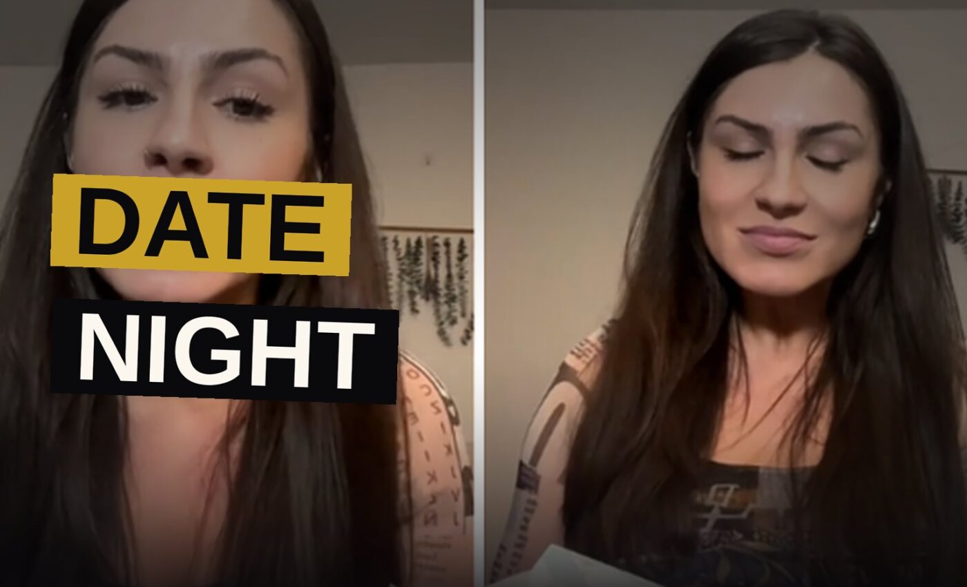 A woman sits uncomfortably at a restaurant table during a disappointing first date.