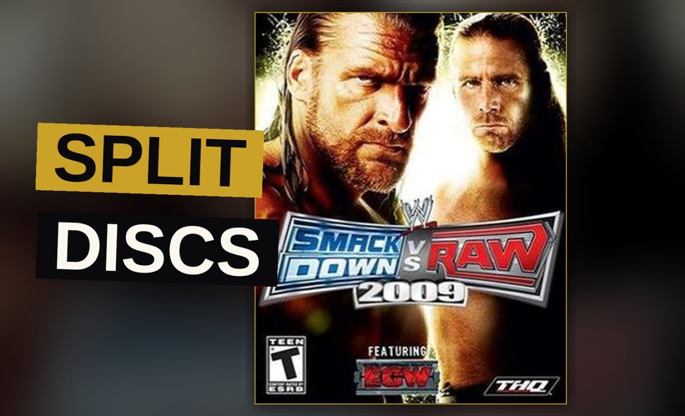 Two wrestlers grapple within a glowing wrestling ring before a vast and roaring multitude.