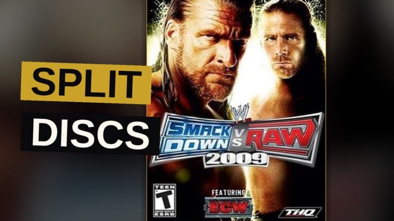 Two wrestlers grapple within a glowing wrestling ring before a vast and roaring multitude.