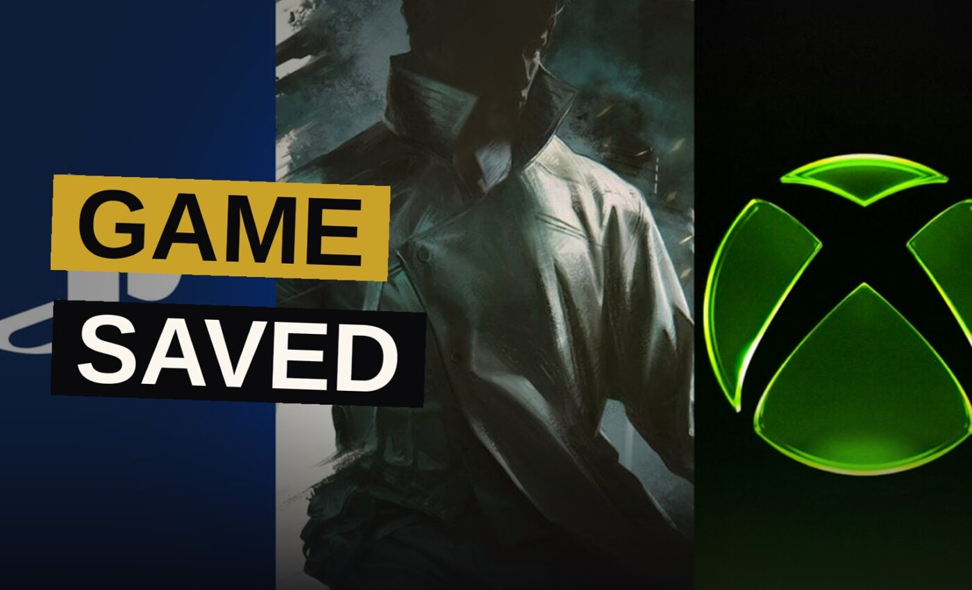 Split-screen image with PlayStation and Xbox controllers, and a stealth agent silhouette in the center.