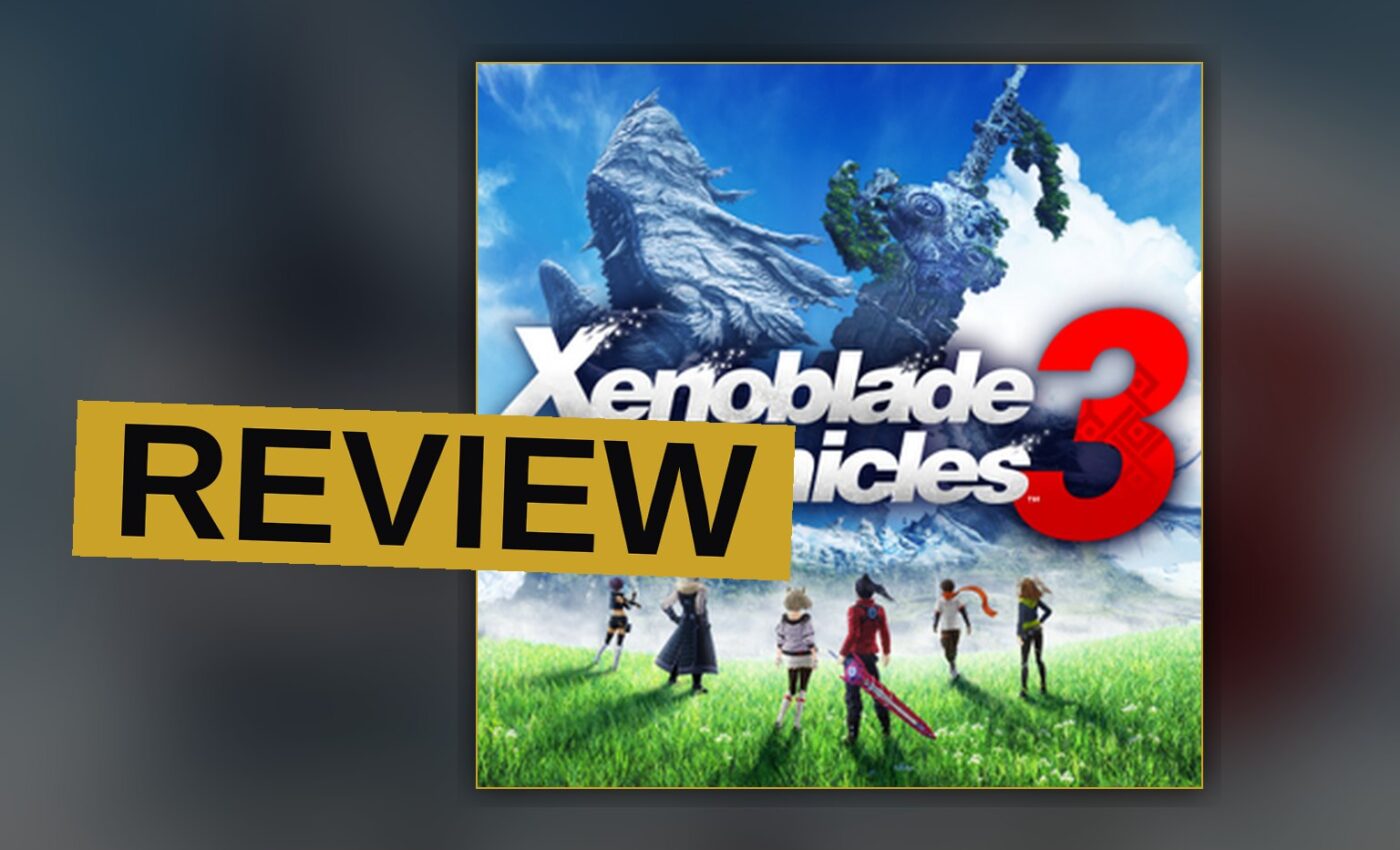 Six anime-style characters stand on a cliff overlooking a vast fantasy landscape at sunset.
