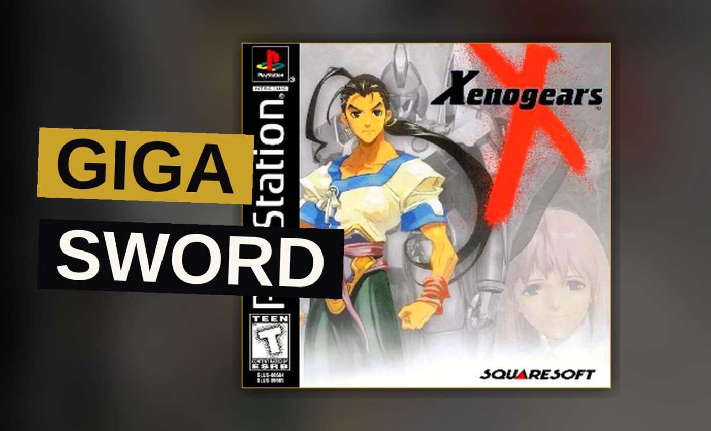 A youth stands amid a vast floating realm, his sword poised as a monstrous engine of war.