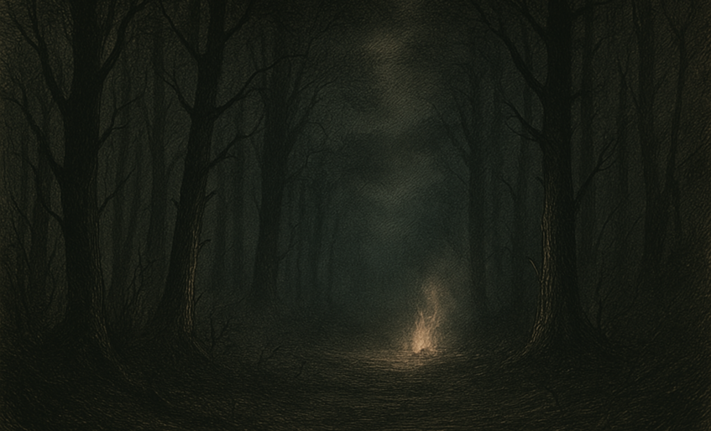 A shadowy forest at twilight, a lone fire flickering amid the wilderness gloom.
