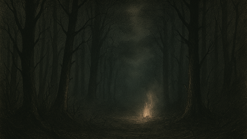 A shadowy forest at twilight, a lone fire flickering amid the wilderness gloom.
