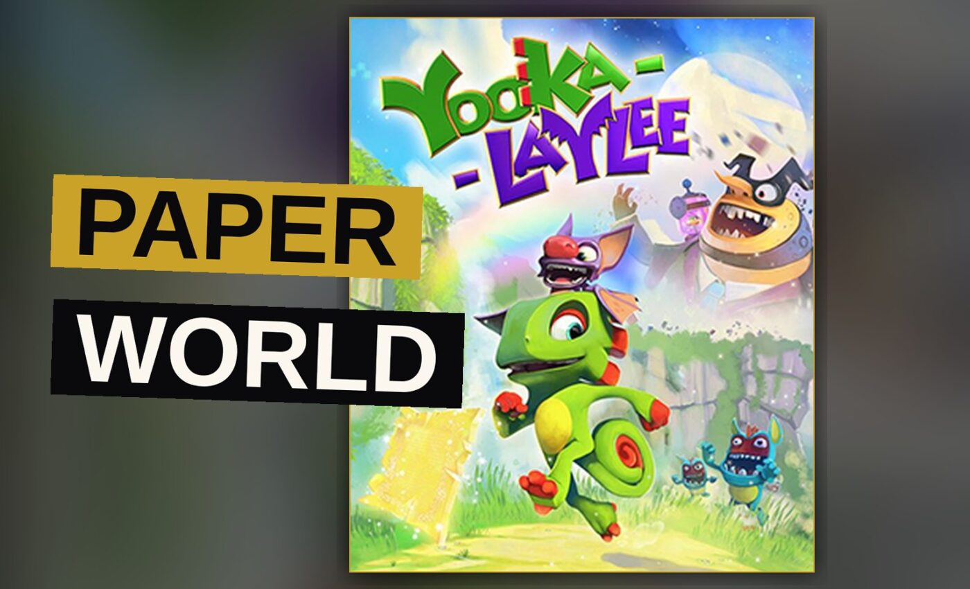Yooka and Laylee bound across a folded page within a brightly illustrated book world.