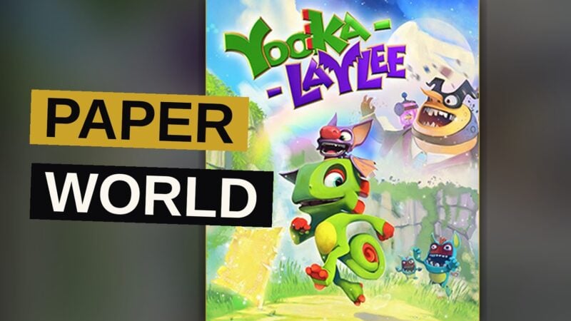 Yooka and Laylee bound across a folded page within a brightly illustrated book world.