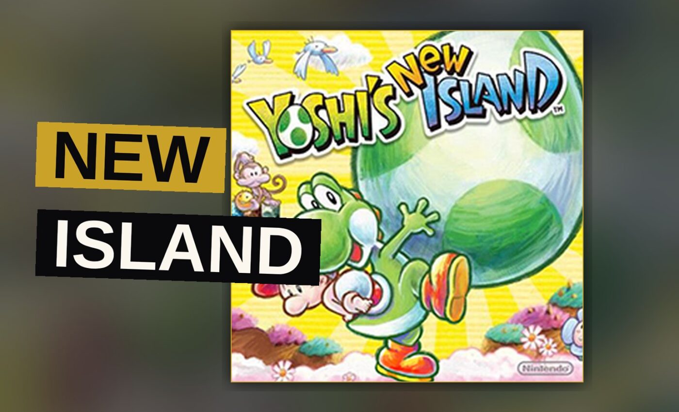 Yoshi stands upon a bright, green island, small yet cheerful.