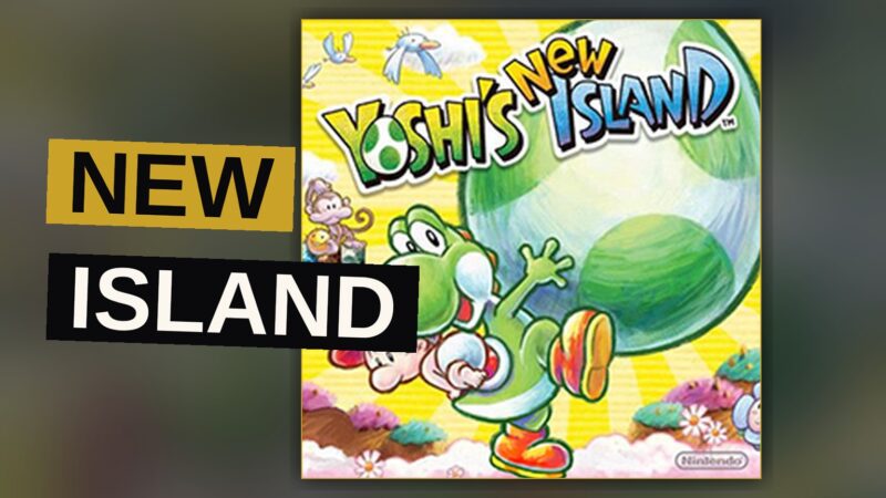 Yoshi stands upon a bright, green island, small yet cheerful.