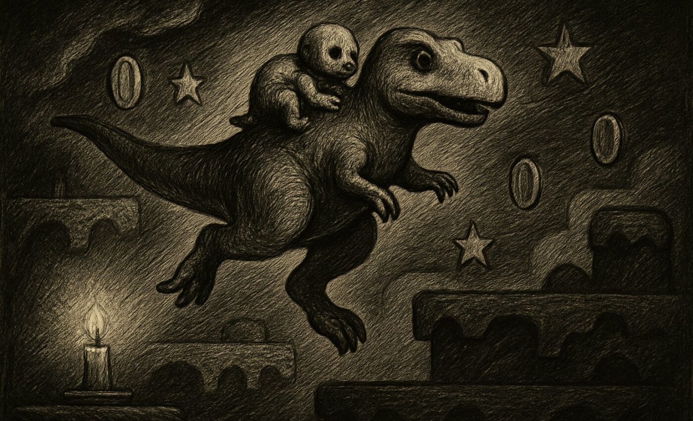A creature springs into the air with a small passenger upon its back, carried through a world drawn like a picture book.