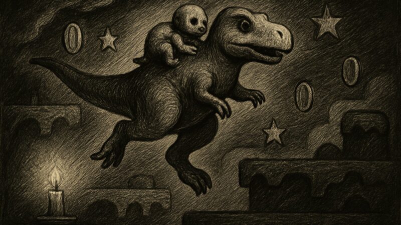 A creature springs into the air with a small passenger upon its back, carried through a world drawn like a picture book.
