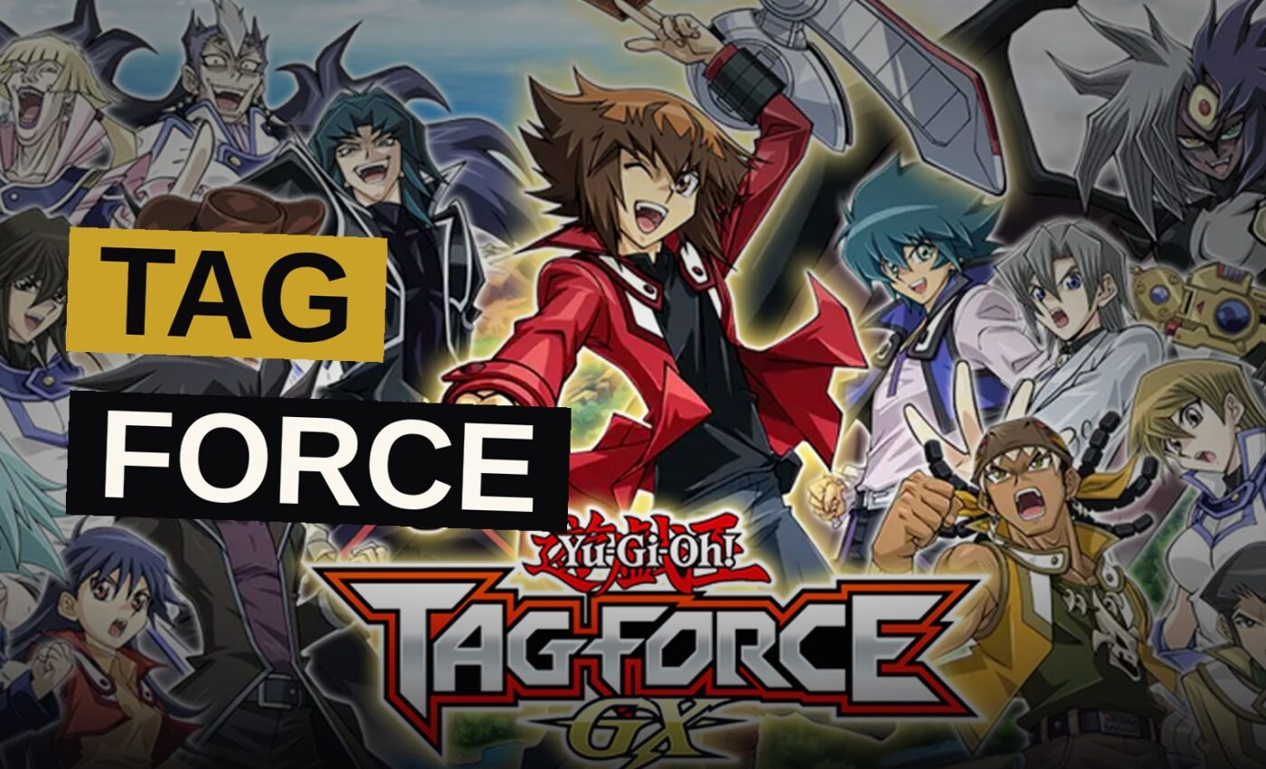Two anime-style duelists face off as glowing holographic monsters rise from their cards.