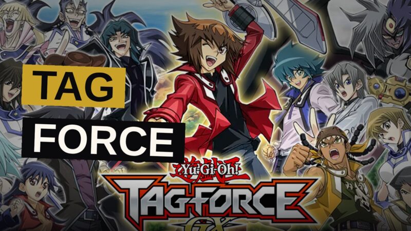 Two anime-style duelists face off as glowing holographic monsters rise from their cards.