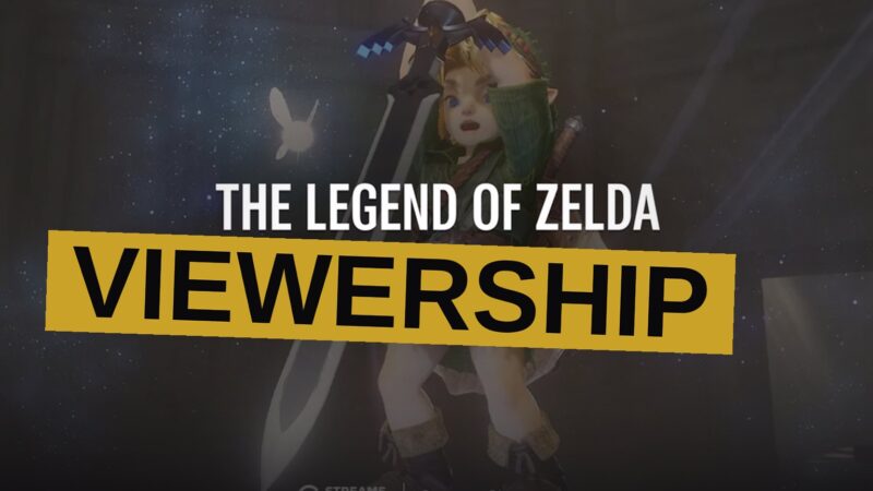 A dark studio with a large screen displaying a viewership graph, accented with green and gold Zelda-themed colors.